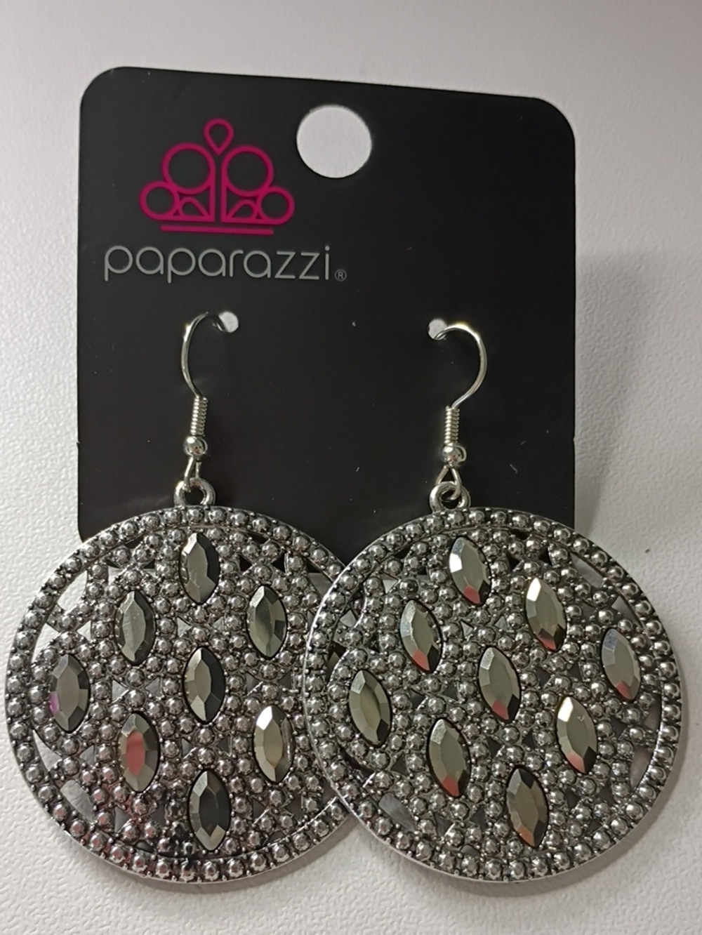 paparazzi Silver Crystal Marquise Disc Earrings - Silver